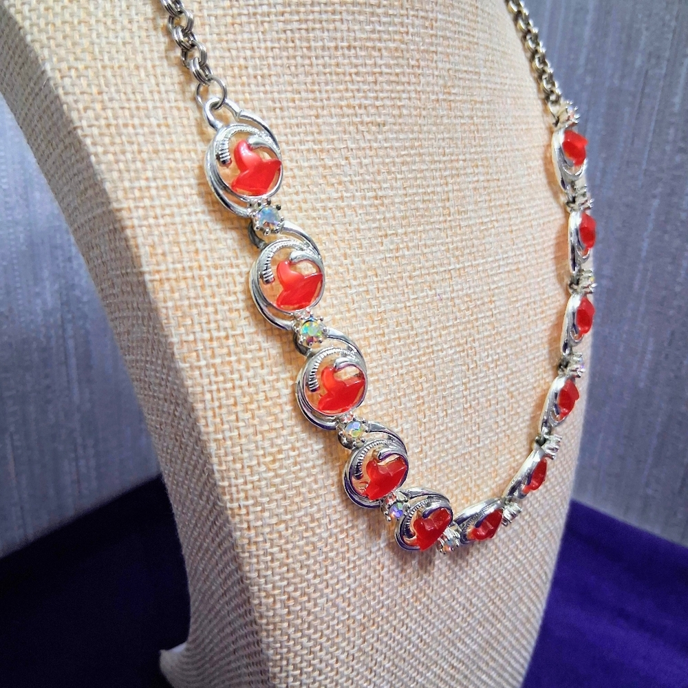 Vintage Charel Cherry Moonglow Necklace Thermoset Hook Closure Silvertone - Picture 17 of 17